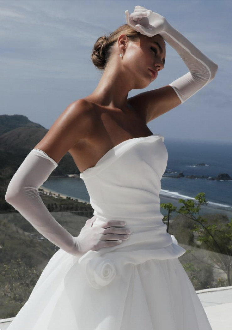 Model is wearing a ball gown wedding dress with a dropped waist and floral motifs