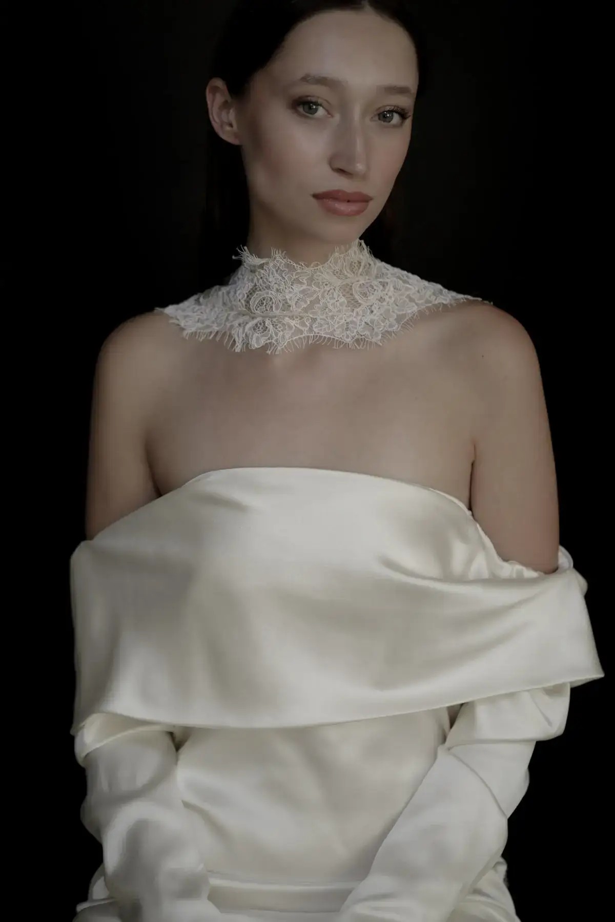How Basque Waist Gowns Pair Perfectly with Neck Scarves. Desktop Image