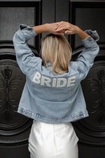 Heirloom Bridal Company Varsity Pearl Lettered (White) Denim Jacket by Heirloom Bridal (BRIDE & MRS) #0 default White Denim thumbnail