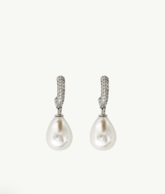 A.B. Ellie Pave Hoop Pearl Drop Earrings by Studio Bride #1 Silver thumbnail