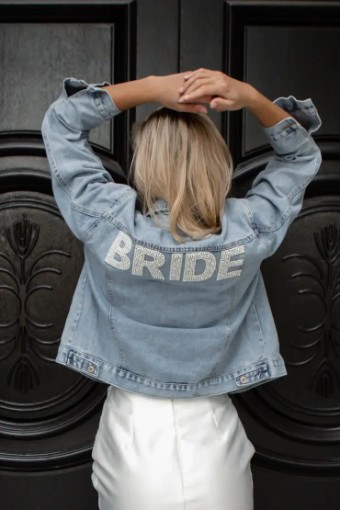 Heirloom Bridal Company Varsity Pearl Lettered Denim Jacket by Heirloom Bridal (BRIDE & MRS) #0 default Classic Blue Denim thumbnail